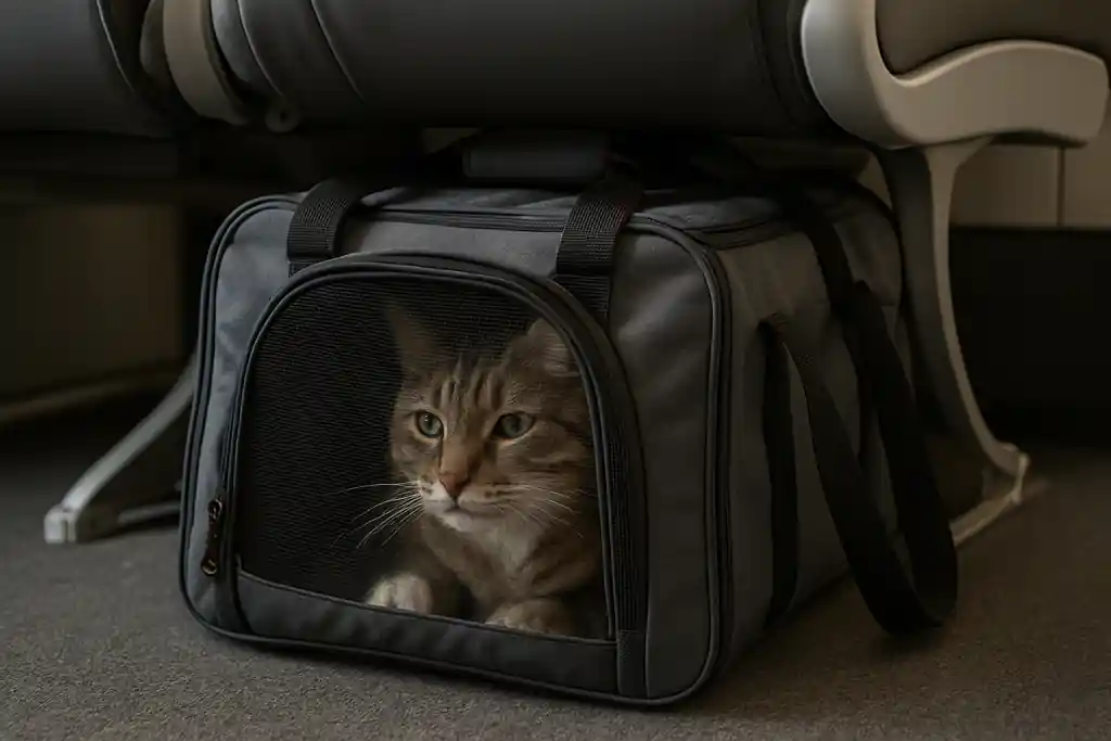 A soft-sided cat carrier positioned under an airplane-style seat with a calm cat visible inside