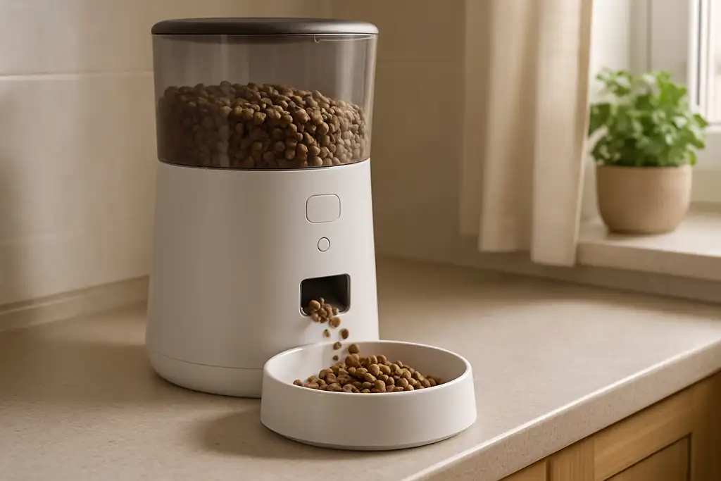 An automatic pet feeder dispensing a measured portion of kibble into a bowl in a kitchen