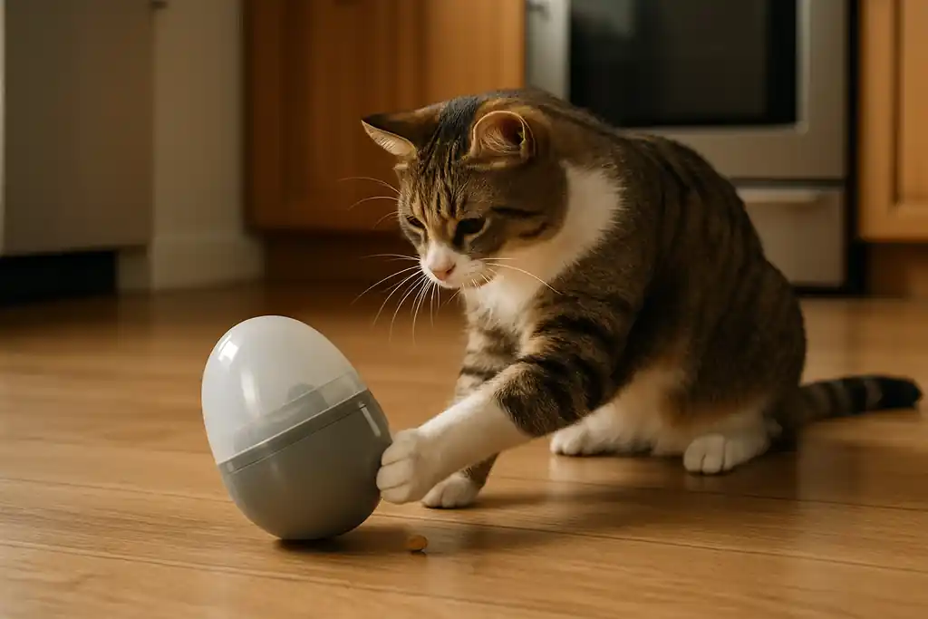 A cat pawing at a rolling treat-dispensing puzzle feeder on a kitchen floor