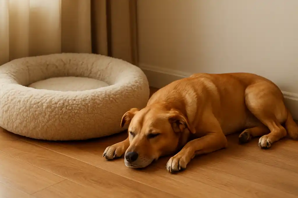 A relaxed dog resting in a cozy corner near a soft calming bed