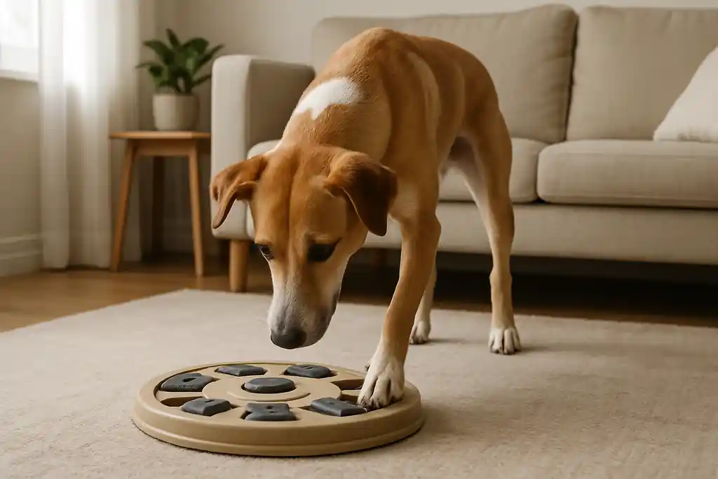 A dog working through a puzzle-style enrichment toy on a living room floor