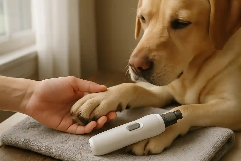 A hand gently holding a dog's paw beside a nail grinder tool on a towel