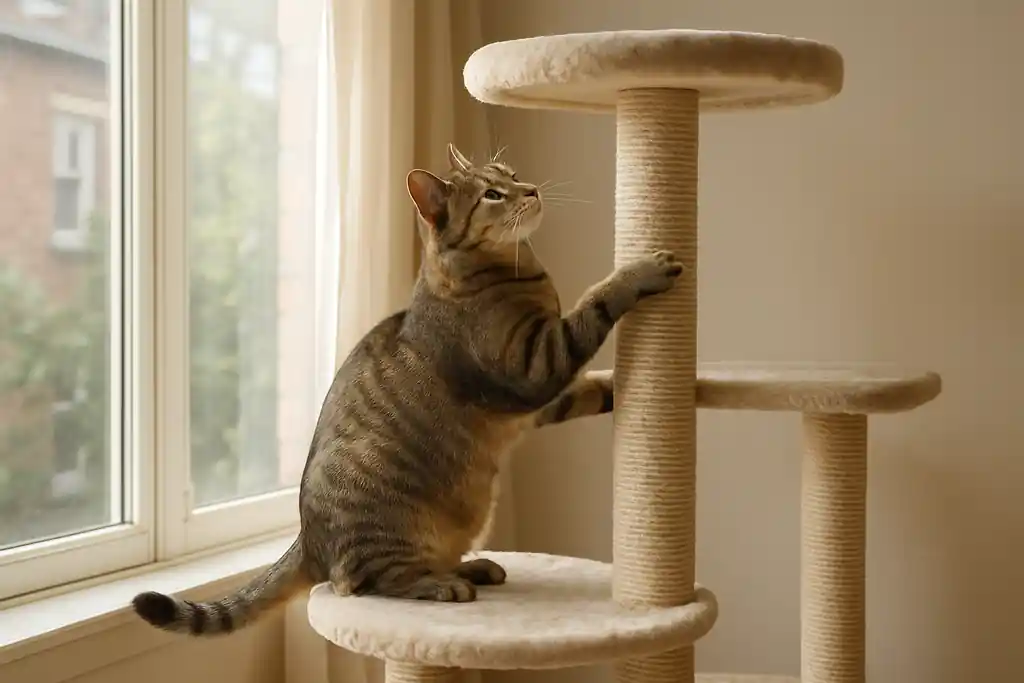 An indoor cat climbing a tall cat tree positioned near a sunny window