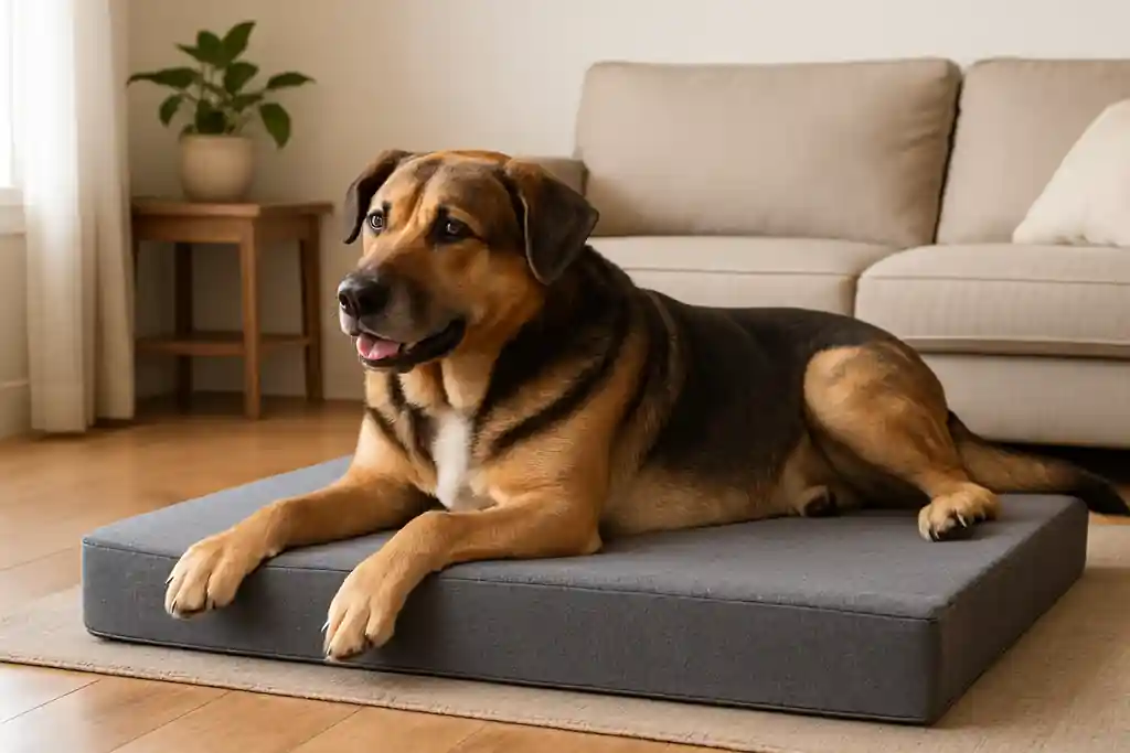 A large dog lying comfortably on a thick supportive orthopedic foam bed