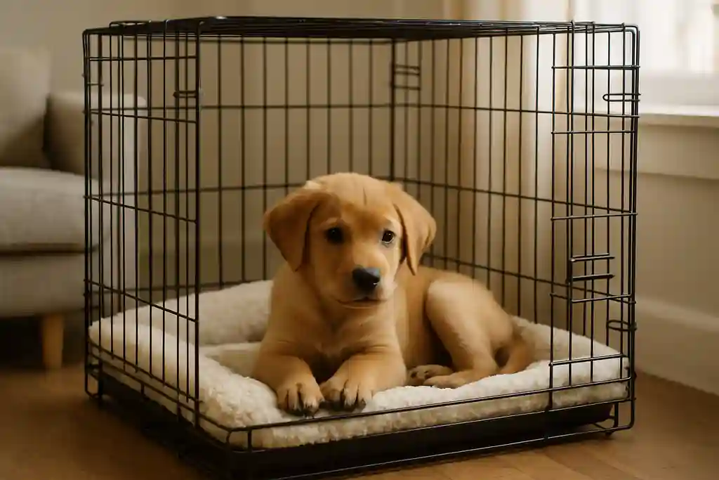 A young puppy resting inside an open wire crate lined with soft bedding