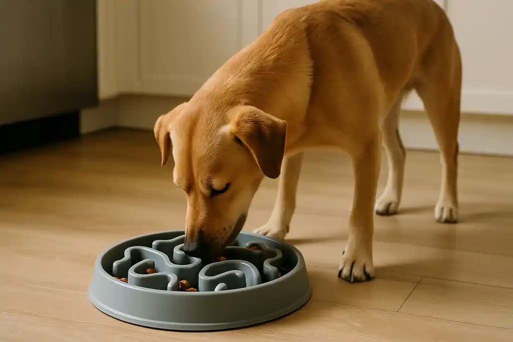 A dog eating from a maze-pattern slow feeder bowl during a supervised mealtime