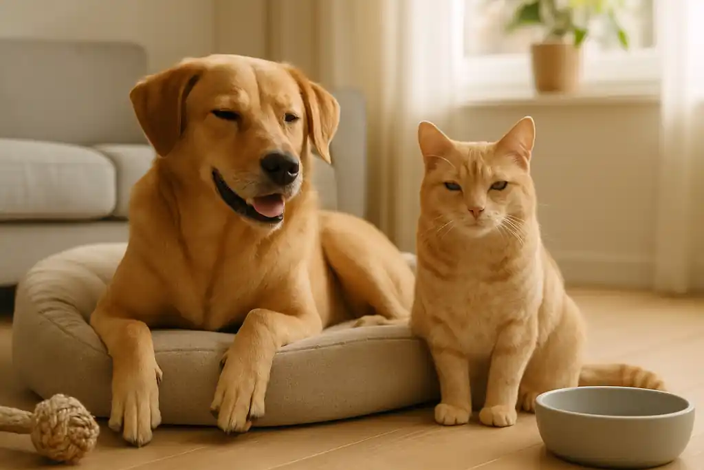 A relaxed dog and cat together in a bright home living room surrounded by everyday pet products