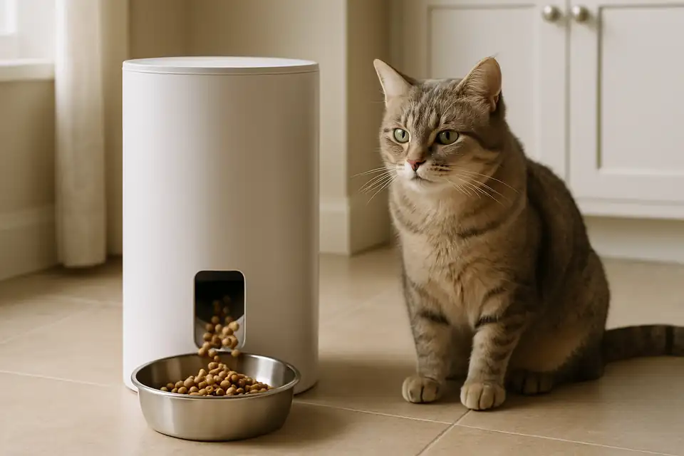 Editorial photograph (not the exact linked listing) of an automatic pet feeder dispensing food in a kitchen