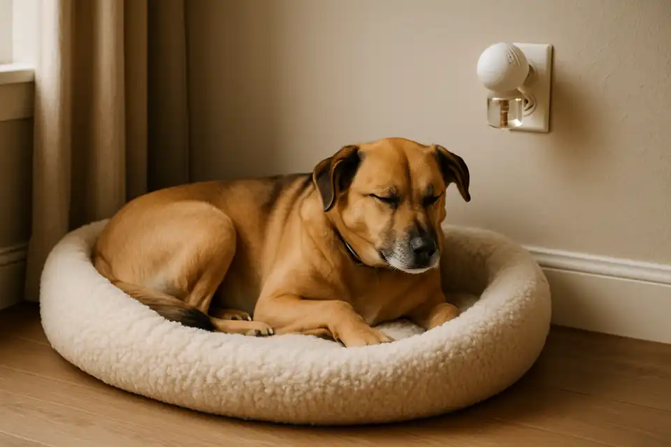 Editorial photograph (not the exact linked listing) of a dog resting calmly near supportive calming-aid products at home