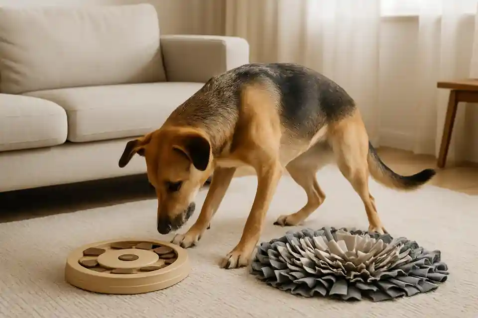 Editorial photograph (not the exact linked listing) of a dog engaging with enrichment puzzle toys at home