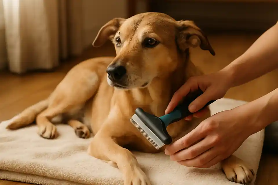 Editorial photograph (not the exact linked listing) of a dog being gently groomed with a deshedding brush at home