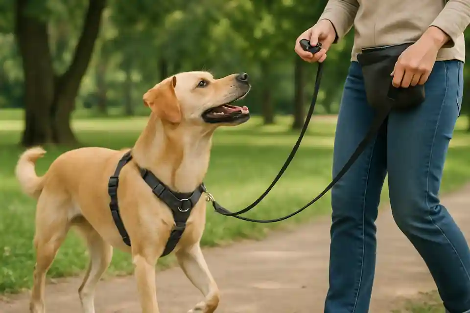 Editorial photograph (not the exact linked listing) of a dog wearing a training harness on a walk