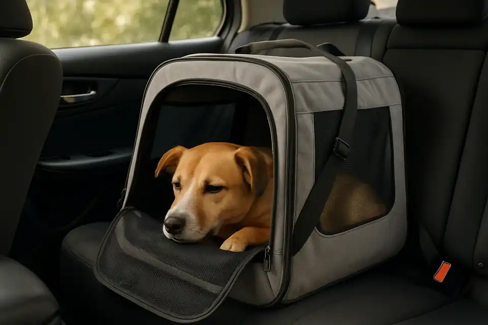 Editorial photograph (not the exact linked listing) of a dog resting safely inside a travel carrier in a car
