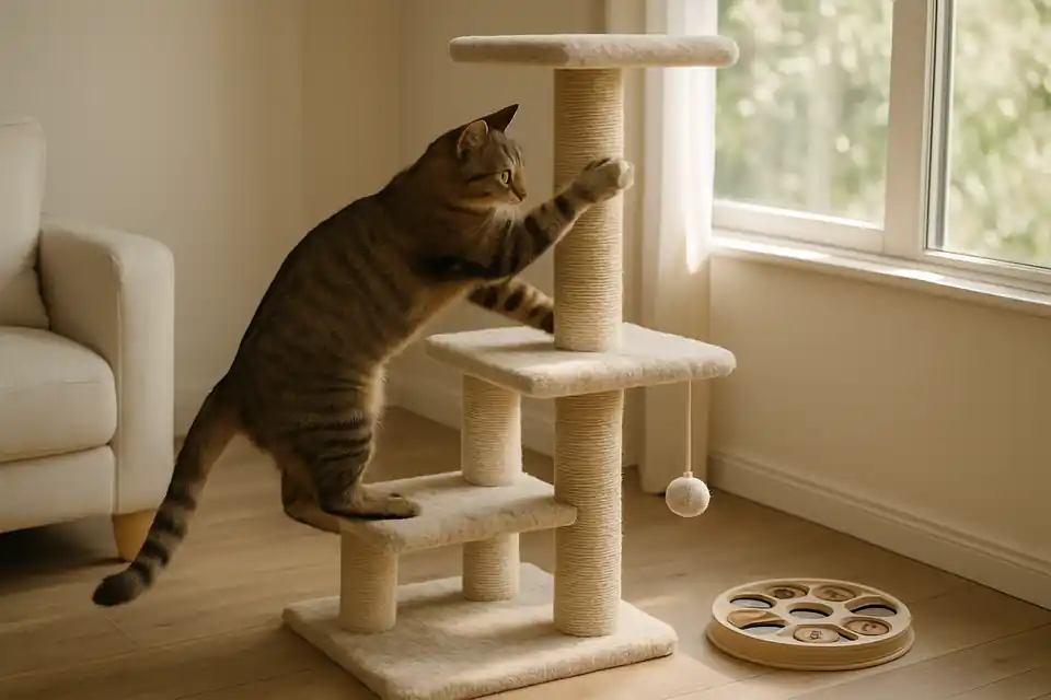 Editorial photograph (not the exact linked listing) of an indoor cat playing near a cat tree and puzzle feeder