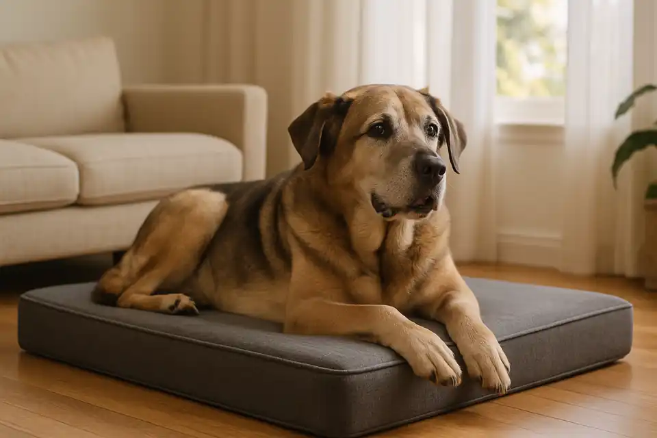 Editorial photograph (not the exact linked listing) of a large dog resting on a supportive orthopedic bed