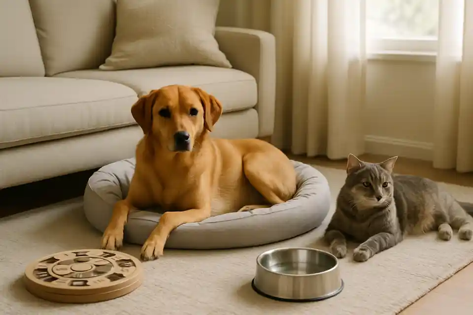 Editorial photograph (not the exact linked listing) of everyday dog and cat problem-solving products in a home setting