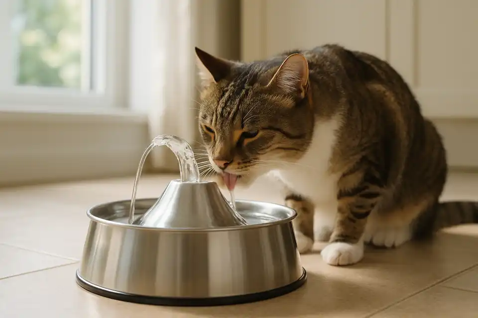 Editorial photograph (not the exact linked listing) of a cat drinking from a stainless steel pet water fountain