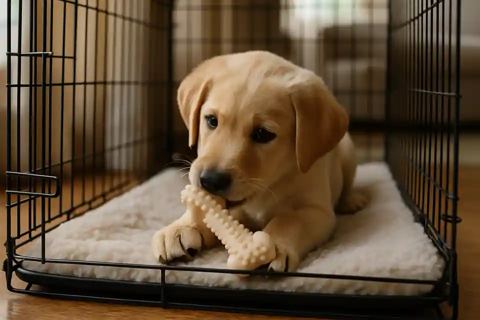 Editorial photograph (not the exact linked listing) of a puppy playing with a teething toy near an open crate