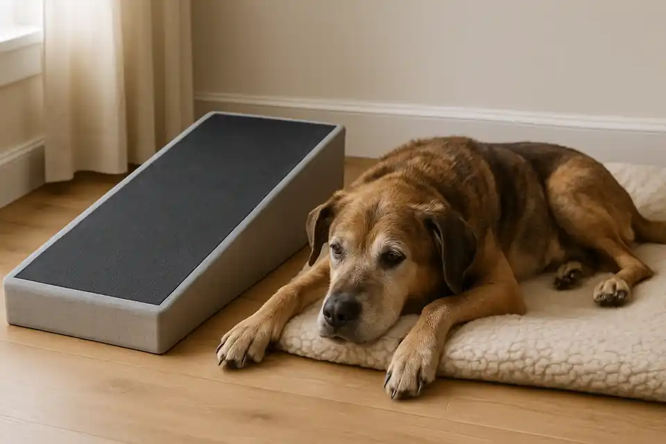 Editorial photograph (not the exact linked listing) of an older dog resting near senior-friendly mobility products