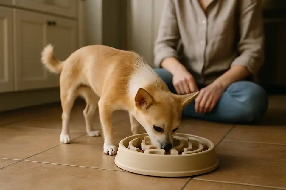 Editorial photograph (not the exact linked listing) of a dog eating from a slow feeder maze bowl